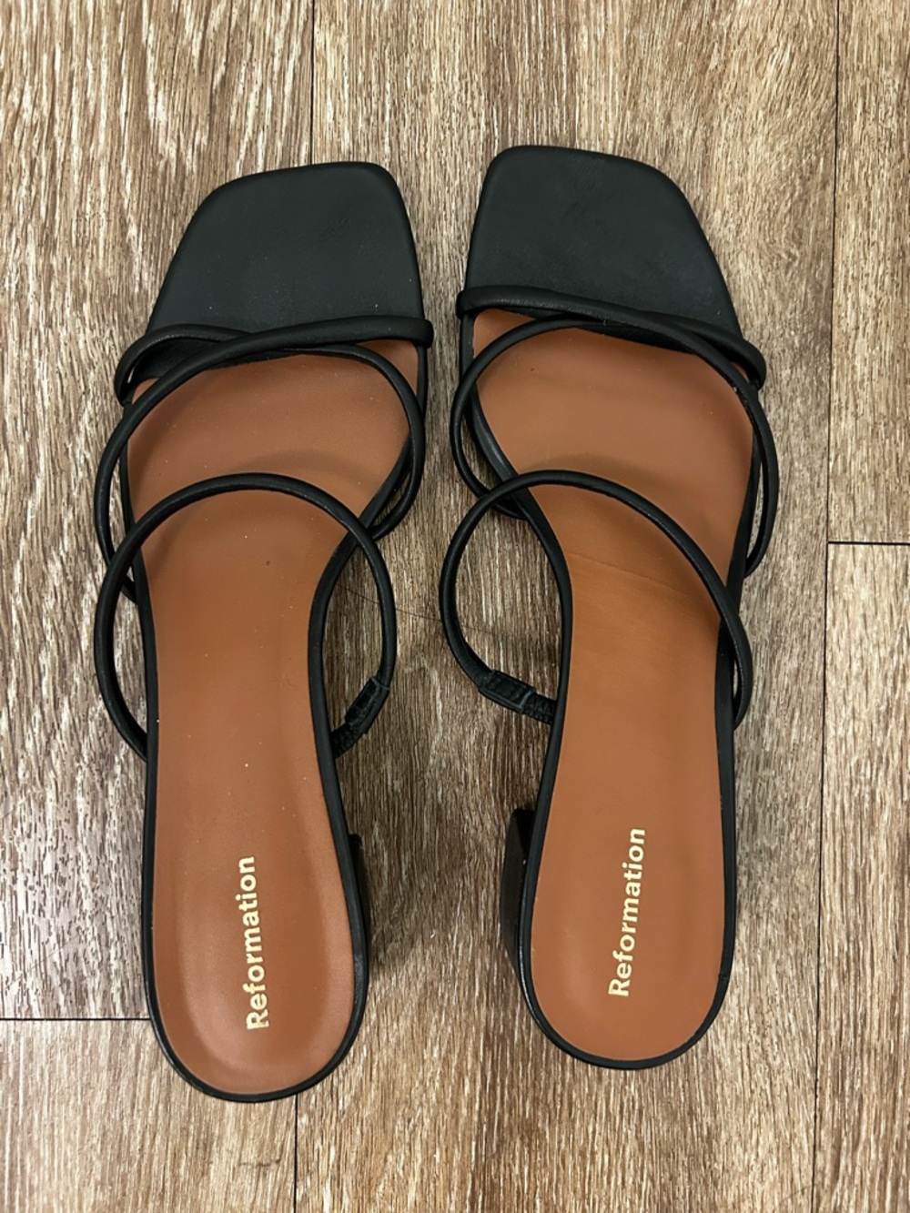 Reformation Black Strappy Square-Toe Mule with Tan Footbed